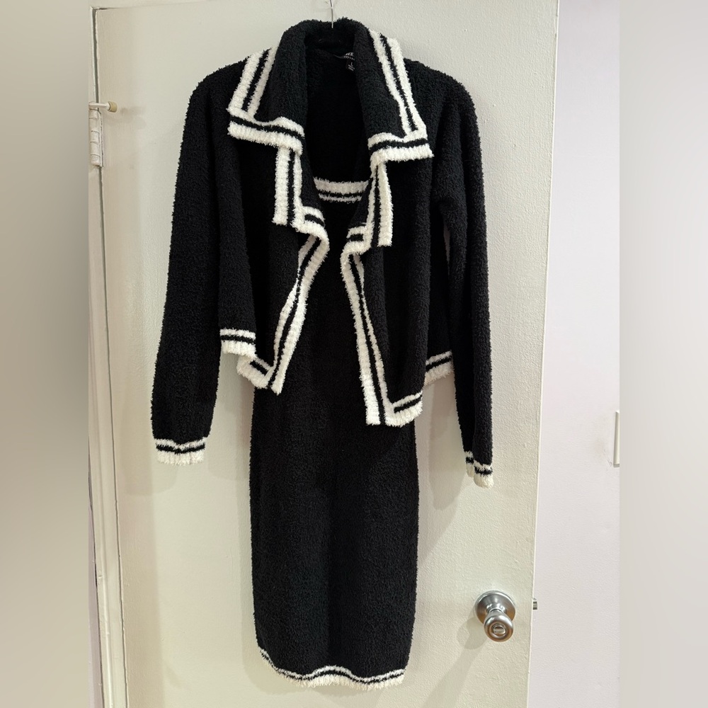 Soft black and white dress with matching sweater perfect for cozy winter nights